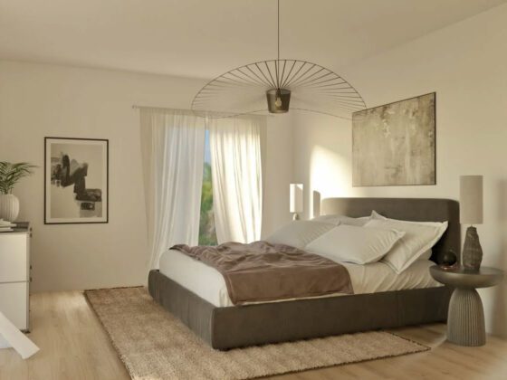 Visualisierung Neubau helles Schlafzimmer mit grauem Bett und Sonnenlichteinfall