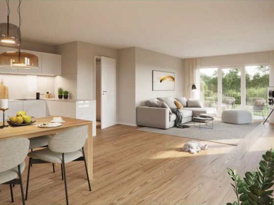 Visualisierung Wohnzimmer mit offener Küche und hellem Holzboden und beiger Couch mit Sonnenlichteinfall