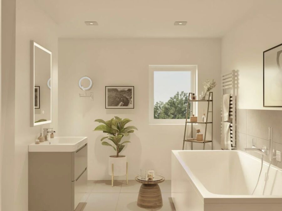 Visualisierung Badezimmer mit Badewanne und beigen Fliesen