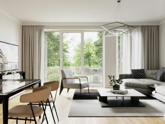 Moderne Visualisierung eines Wohnzimmers mit Sonneneinstrahlung in Reihenhaus Neubau in Norderstedt
