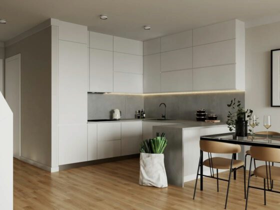 Visualisierung graue moderne Küche mit Essbereich im Reihenhaus Neubau in Norderstedt