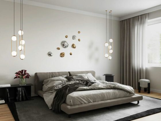 Visualisierung Schlafzimmer Neubau graues Bett grauer Teppich große Fenster mit Lichteinfall
