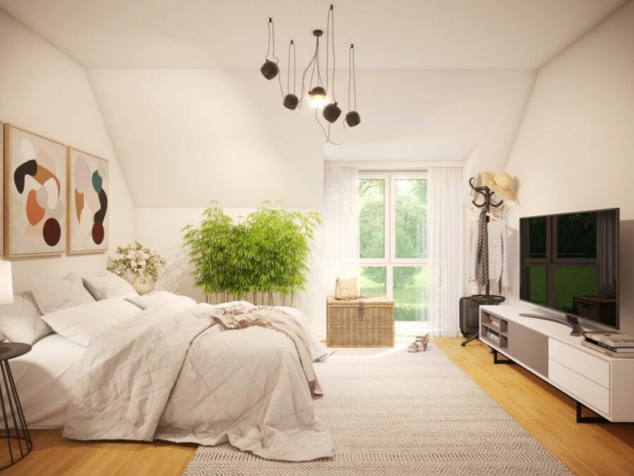 Visualisierung Schlafzimmer mit beigem Bett und TV auf Sideboard beiger Teppich