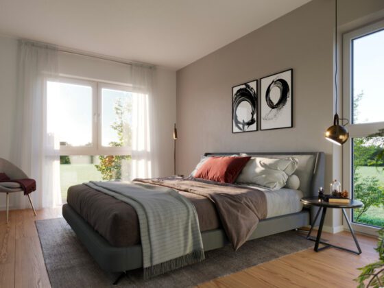 Visualisierung Schlafzimmer mit grauem Bett und auffälligen Bildern am Kopfteil und Sonnenlicht