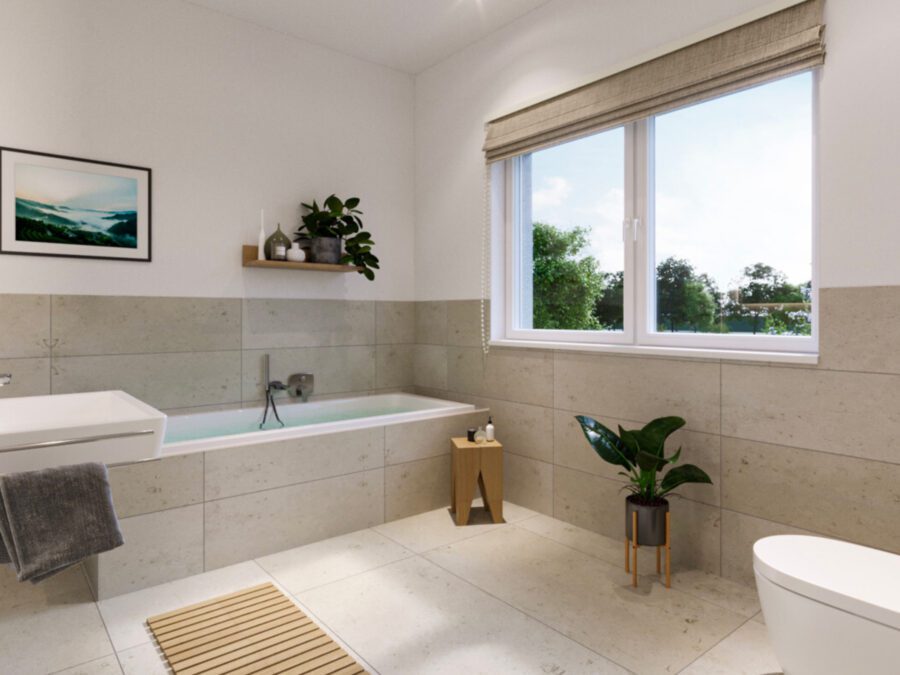 Visualisierung Badezimmer mit gefüllter Badewann und großen Fenster mit Blick ins Grüne