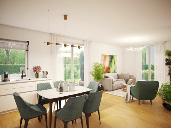 Visualisierung offene Küche mit Wohnzimmer und grüner Essecke sowie grauer Couch