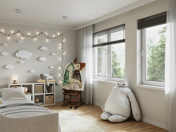 Visualisierung Kinderzimmer mit Lichterkette und Teddybär Neubau Reihenhäuser