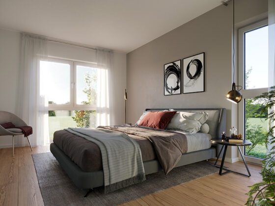 Visualisierung Schlafzimmer mit brauner Wand und Holzboden