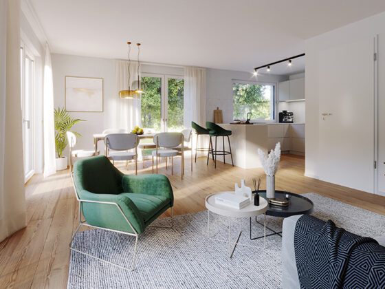 Wohnzimmer und Küche Visualisierung mit grünem Sessel und grauem Teppich
