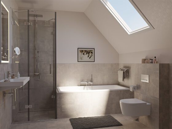 Visualisierung eines Badezimmers mit Badewanne und Dusche und grauen Fliesen
