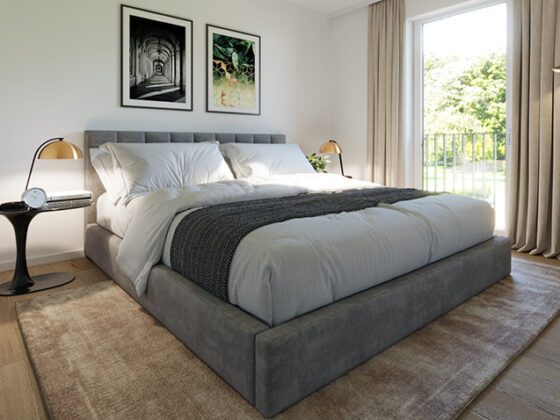 Visualisierung eines Schlafzimmers mit grauem Bett und bodentiefem Fenster einer Neubau-Wohnung in Hamburg-Blankenese