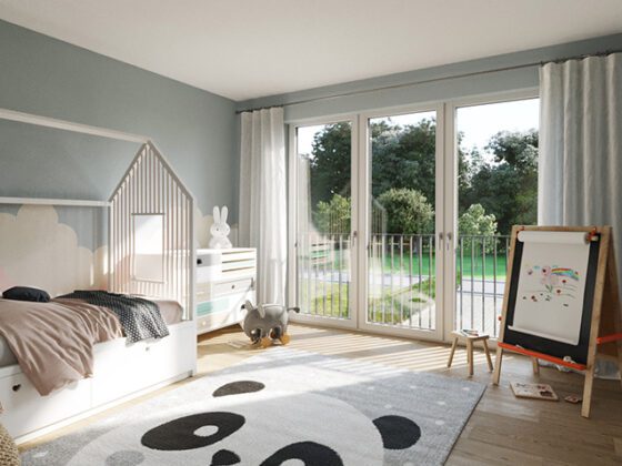 Visualisierung eines Kinderzimmers mit bodentiefen Fenstern und Panda Teppich
