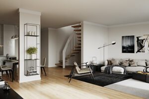 Visualisierung Wohnzimmer mit schwarzem Teppich und grauer Couch