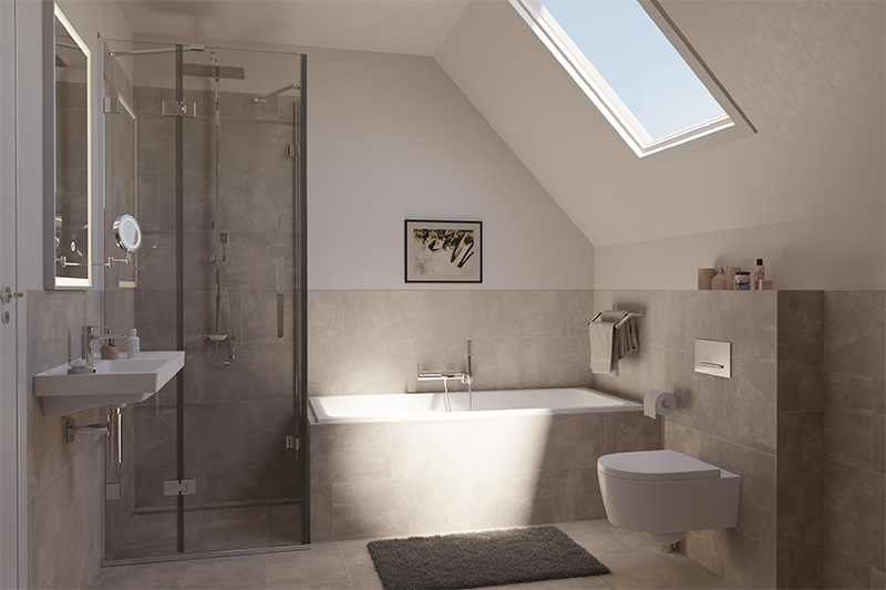 Visualisierung Badezimmer mit Dusche und Badewanne und grauen Fliesen