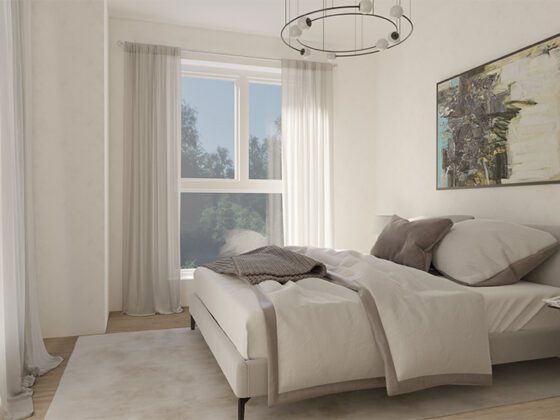 Neubau Langenhorn Visualisierung Schlafzimmer mit heller Bettdecke und Sonneneinfall