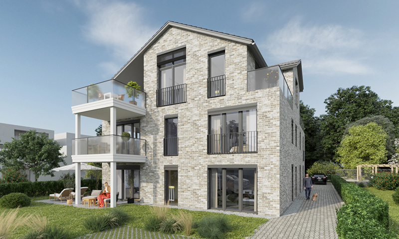 Außenansicht Visulisierung Neubau Wohngebäude mit grauem Klinker und weißen Balkonen in Hamburg-Blankenese