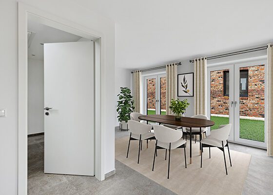 Visualisierung Esszimmer mit grauen Fliesen einer Doppelhaushälfte Neubau in Hamburg-Volksdorf