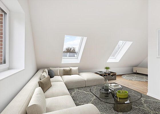 Visualisierung helles Wohnzimmer mit beigen Sofa einer Doppelhaushälfte Neubau in Hamburg-Volksdorf