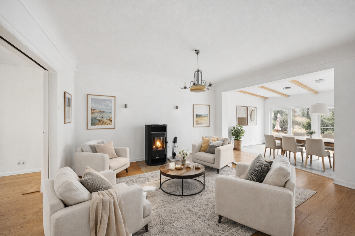 Visualisierte Kamin-Sitzlounge und Essbereich im Anbau