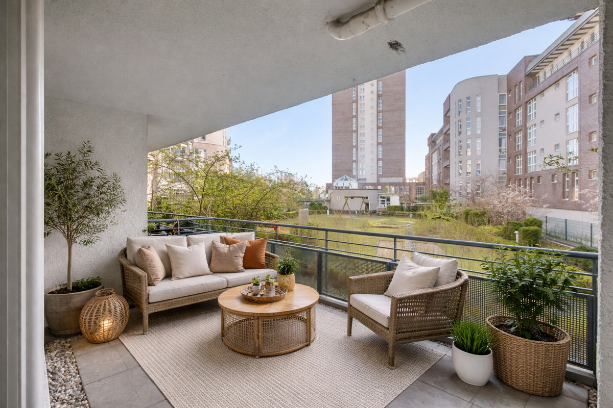 Geschützter Balkon mit Südausrichtung und Blick in den Innenhof visuell möbliert